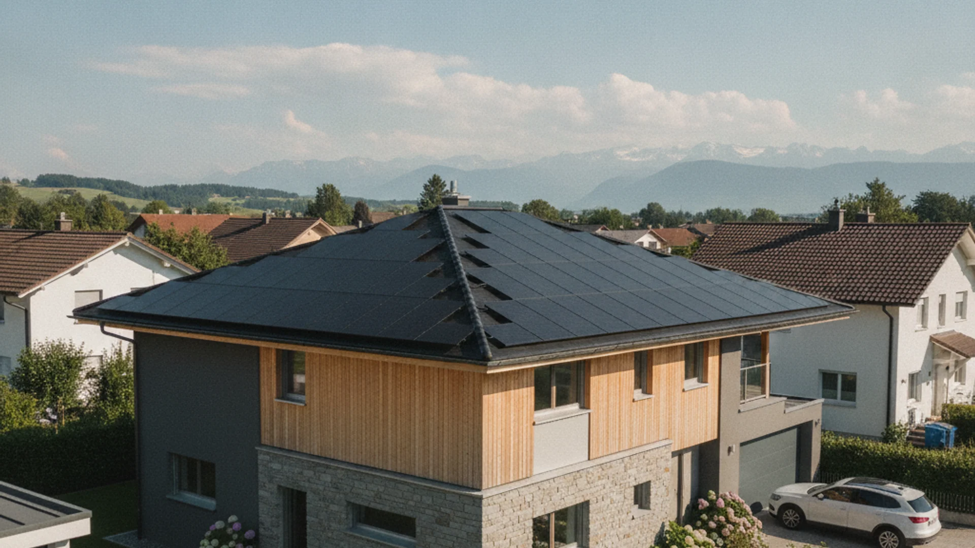 Moderne Photovoltaik-Anlage auf einem Schweizer Einfamilienhaus